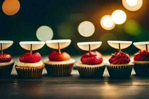 une rangée de petits gâteaux avec des fraises sur Haut. généré par ai photo