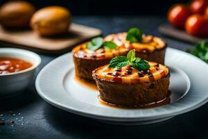 deux petit Gâteaux sur une assiette avec sauce. généré par ai photo