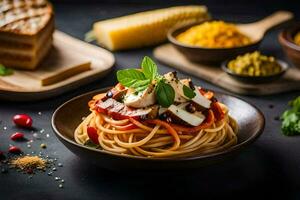 spaghetti avec Viande et des légumes sur une foncé tableau. généré par ai photo