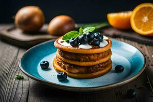 une empiler de Crêpes avec myrtilles et crème. généré par ai photo