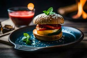 une Hamburger avec tomate, salade et fromage sur une bleu plaque. généré par ai photo