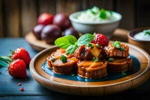 une assiette de nourriture avec Viande et des légumes. généré par ai photo