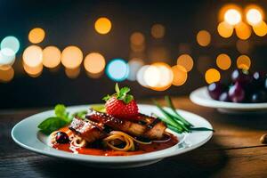 une assiette de nourriture avec Viande, des fraises et sauce. généré par ai photo