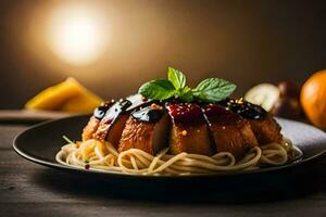 une assiette de spaghetti avec Viande et sauce. généré par ai photo