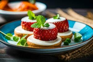 des fraises sur une assiette avec crème et menthe. généré par ai photo