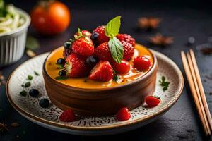 une bol de fruit et des légumes avec baguettes. généré par ai photo