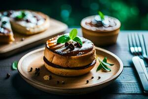 une assiette avec une gâteau sur il et une fourchette. généré par ai photo