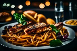 une assiette de Pâtes avec poisson et des légumes. généré par ai photo