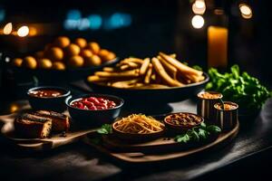 une table avec divers nourriture et boissons. généré par ai photo