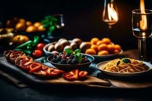 une table avec Pâtes, pain, et autre aliments. généré par ai photo