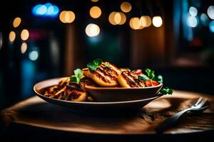 une assiette de grillé des légumes sur une tableau. généré par ai photo