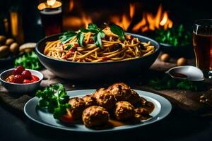 spaghetti et Boulettes de viande dans une bol avec sauce et des légumes. généré par ai photo