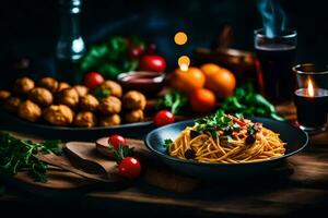 spaghetti avec Boulettes de viande et tomates sur une en bois tableau. généré par ai photo