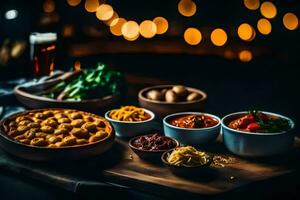 une table avec boules de nourriture et bière. généré par ai photo