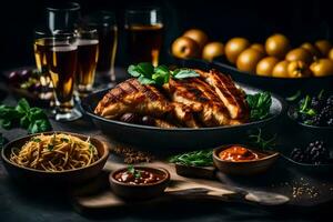 grillé poulet avec des légumes et du vin sur une foncé Contexte. généré par ai photo