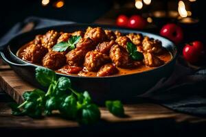 Boulettes de viande dans une tomate sauce dans une noir bol sur une en bois tableau. généré par ai photo