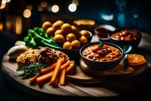 une en bois table avec nourriture et boissons. généré par ai photo