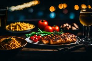 grillé poisson et Pâtes sur une table avec du vin et bière. généré par ai photo