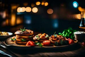 nourriture sur une en bois table avec lumières dans le Contexte. généré par ai photo