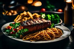 une steak et Pâtes repas sur une plaque. généré par ai photo