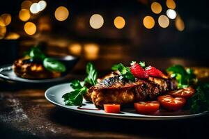 grillé steak avec tomates et herbes sur une plaque. généré par ai photo