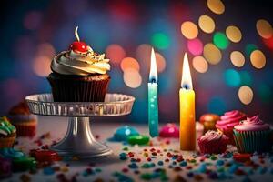une petit gâteau et bougies sont sur une table avec coloré lumières. généré par ai photo