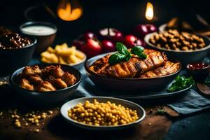 le nourriture est arrangé dans boules et boules avec différent les types de aliments. généré par ai photo