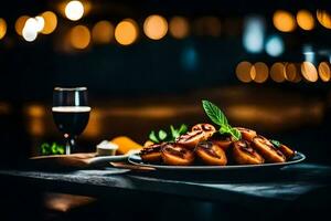 une assiette de nourriture avec patates et une verre de du vin. généré par ai photo