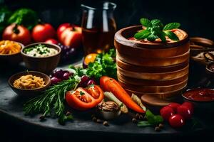 une en bois bol rempli avec divers des légumes et autre nourriture. généré par ai photo