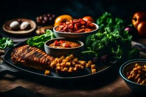 une assiette de nourriture avec légumes, Viande et autre ingrédients. généré par ai photo