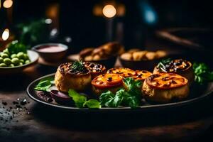 nourriture sur une assiette avec bougies. généré par ai photo