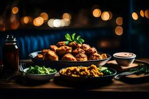 une table avec nourriture et les boissons sur il. généré par ai photo