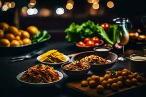 une table avec boules de nourriture et boissons. généré par ai photo