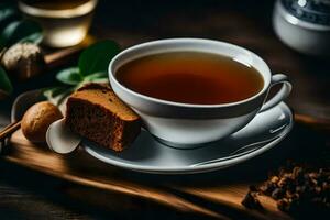 une tasse de thé avec une tranche de pain et une tasse de café. généré par ai photo