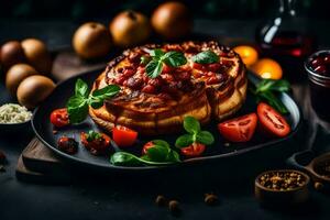 une Pizza avec tomates et basilic sur une noir plaque. généré par ai photo