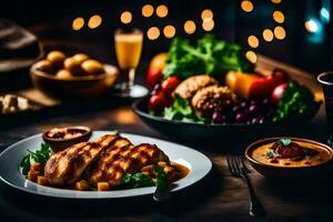 une table avec nourriture et les boissons sur il. généré par ai photo