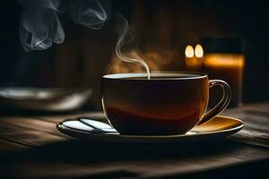 une tasse de café sur une table avec une bougie. généré par ai photo