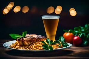 une assiette de Pâtes avec poisson et Bière sur une tableau. généré par ai photo