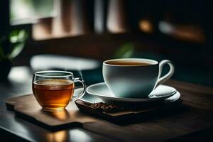 une tasse de thé et une tasse de café sur une en bois tableau. généré par ai photo