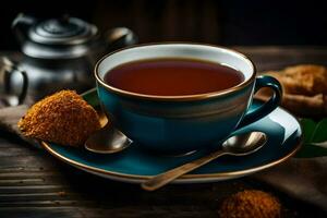 une tasse de thé avec épices sur une en bois tableau. généré par ai photo