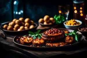 une assiette de nourriture avec Viande et patates sur il. généré par ai photo