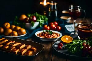 une table avec nourriture et les boissons sur il. généré par ai photo