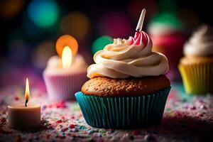 une petit gâteau avec Glaçage et bougies sur une tableau. généré par ai photo