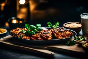 une assiette de nourriture avec Viande, riz et des légumes. généré par ai photo