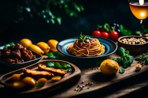 spaghetti, Viande et des légumes sur une en bois tableau. généré par ai photo