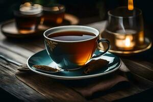 une tasse de thé sur une en bois tableau. généré par ai photo