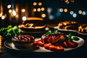 une assiette de nourriture avec tomates et Viande. généré par ai photo