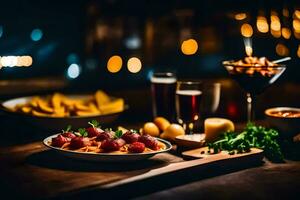 une table avec nourriture et les boissons sur il. généré par ai photo