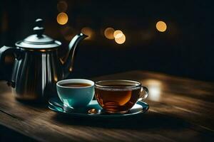 une tasse de thé et une théière sur une en bois tableau. généré par ai photo