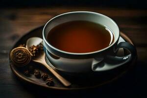 une tasse de thé sur une en bois tableau. généré par ai photo